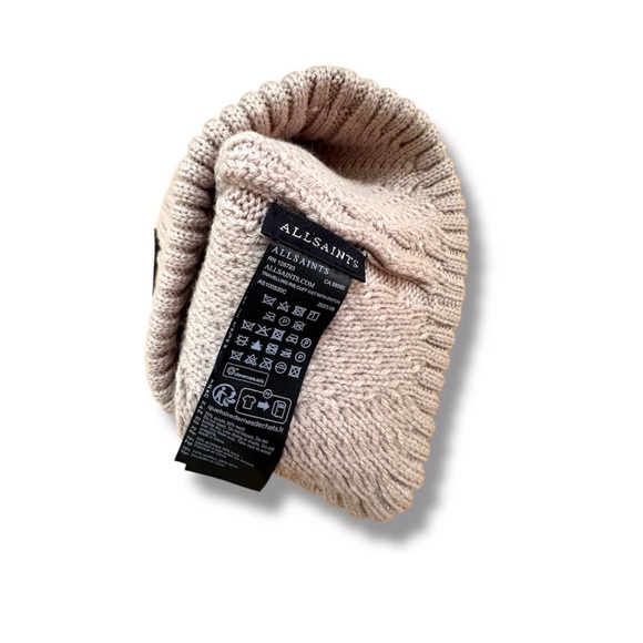 All Saints Traveling Ribbed Logo Beanie Hat Leather Cortina Beige - Picture 4 of 5